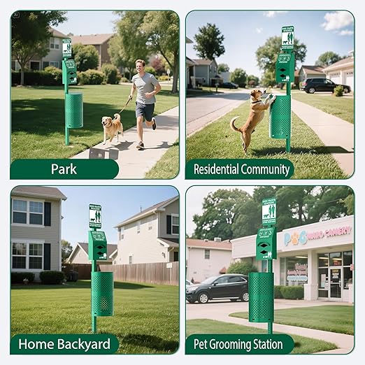 POCHAR Dog Waste Station Outdoor, Aluminum Rustproof Pet Poop Station with 600 Waste Bags & 50 Can Liners, Dog Park Equipment with Sign & Lid - Pet Poop Disposal System for Backyard