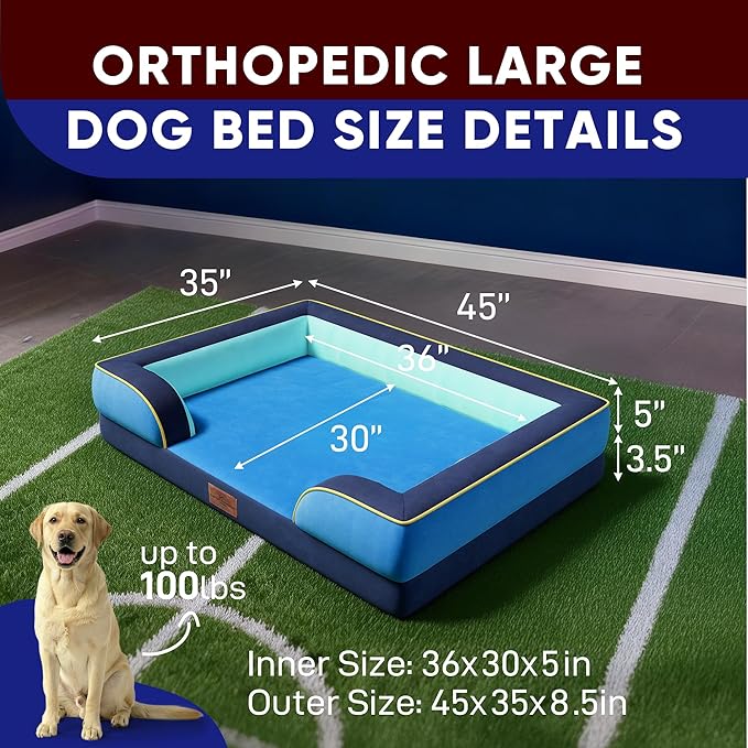 Comfort Expression Orthopedic Dog Bed for Extra Large Dogs 45x35 Inch, Waterproof Egg Crate Foam XL Pet Bed with Removable Bolsters, Dog Couch with Washable Cover & Non-Slip Bottom, New Jersey