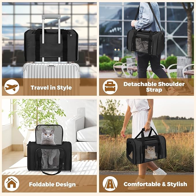 Cat Carrier Soft for Pets Up to 25 Lbs, Cat Travel Bag Soft-Sided with Padded Shoulder Strap, Pet Dog Carriers for Small Dogs Travel Puppy Carry Airline Approved, Black