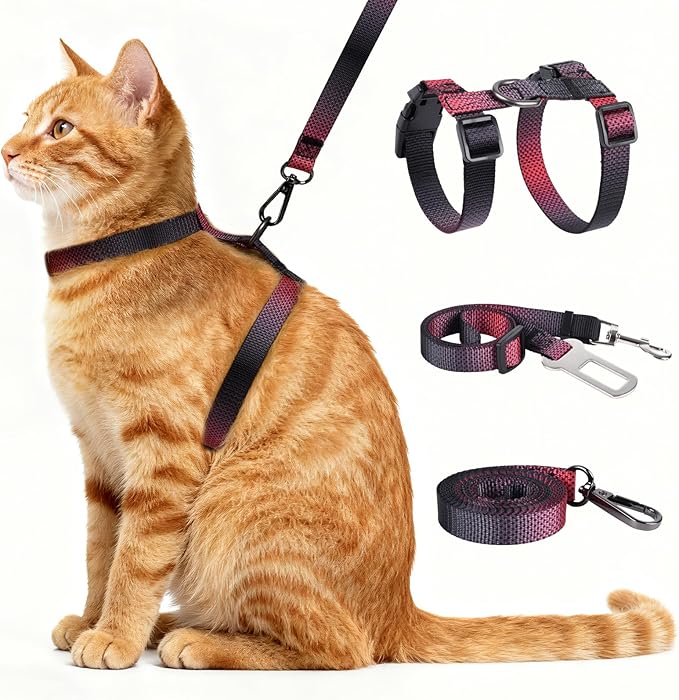 Cat Harness and Leash Set, 3-in-1 Escape Proof Adjustable, Comfortable Soft Lightweight, Safe, Easy to Wear, Walking Travel Kitten Harness for Small Medium Large Cats （Red