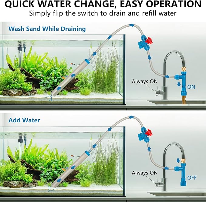 fishkeeper 25FT/50FT Aquarium Gravel Vacuum Water Changer - Flow Adjustable Faucet Universal Siphon Quick Pump with 6 Adapters, Bucket-Free Fish Tank Cleaner for Drain & Fill (2025 New)