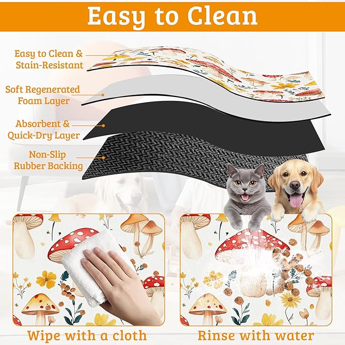Pet Feeding Mat,Mushroom Absorbent Dog Cat Food Mat Flowers Dog Mat with Rubber Backing,Non-Slip Water Bowl Placemat,Pet Supplies 12" x 20"