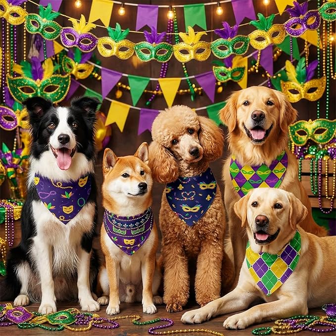 Abbylike 50 Pcs Mardi Gras Dog Bandanas Bulk Purple Green and Gold Bandanas for Dogs Triangle Kerchief Bibs Scarf Set for Pet Carnival Costume Photo Props Accessories Shops (25.6 x 17.7 x 17.7)
