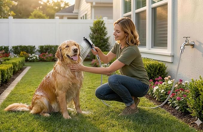 G-Promise 3 Mode Dog Shower Attachment with Pause Mode, Dog shower Sprayer with 100 Inches Hose, Metal Diverter, Adhesive Holder, for Fast and Easy Dog Bathing and Cleaning Indoor and Outdoor(Chrome)