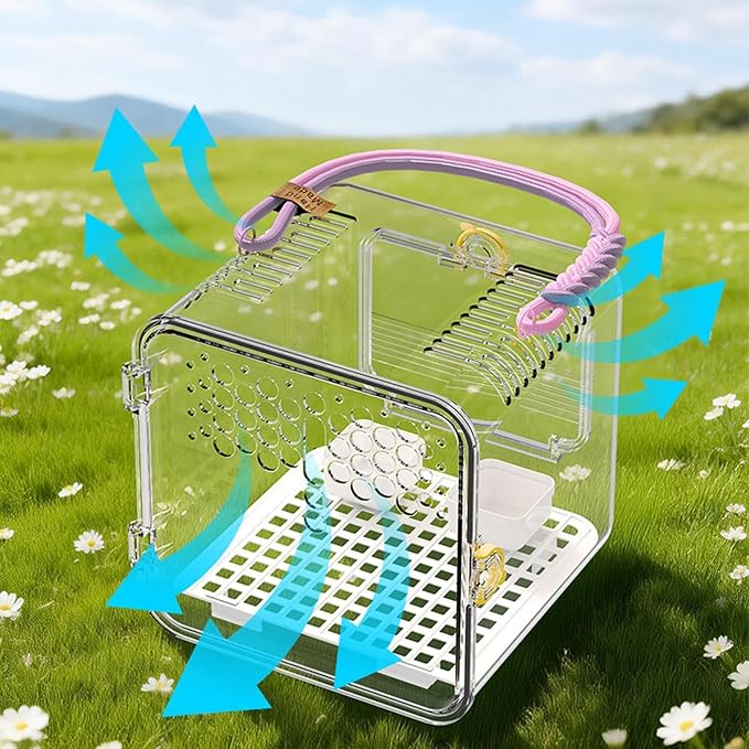 Bird Carrier Travel Cage - Portable Ventilated Parrot Transport Box, Built in Water Bottle Feeding Bowl, Lightweight Secure Small Pet Habitat | Parakeet Carrier for Parakeets Conures Canaries Budgies