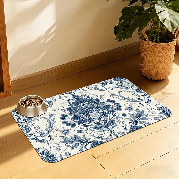 Vintage Floral Paisley Pet Feeding Mat, Absorbent Dog Cat Bowl Pad, Quick Dry, No Stains, Non-Slip Backing – 12x20 Inch