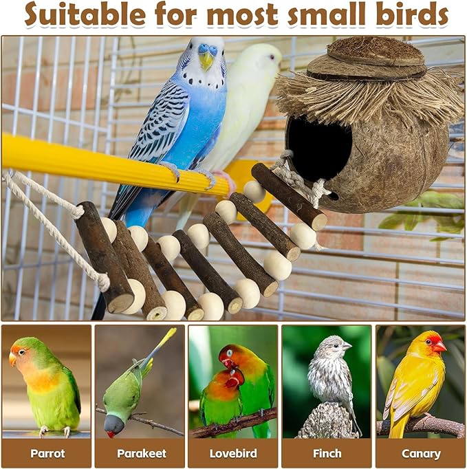 PINVNBY Hanging Coconut Bird Nest Hut with Ladder, Natural Coconut Hide Lovebird House Fruit Wood Bird Swing for Parakeet Cockatiel Budgie Conure Canary Finch Budgies