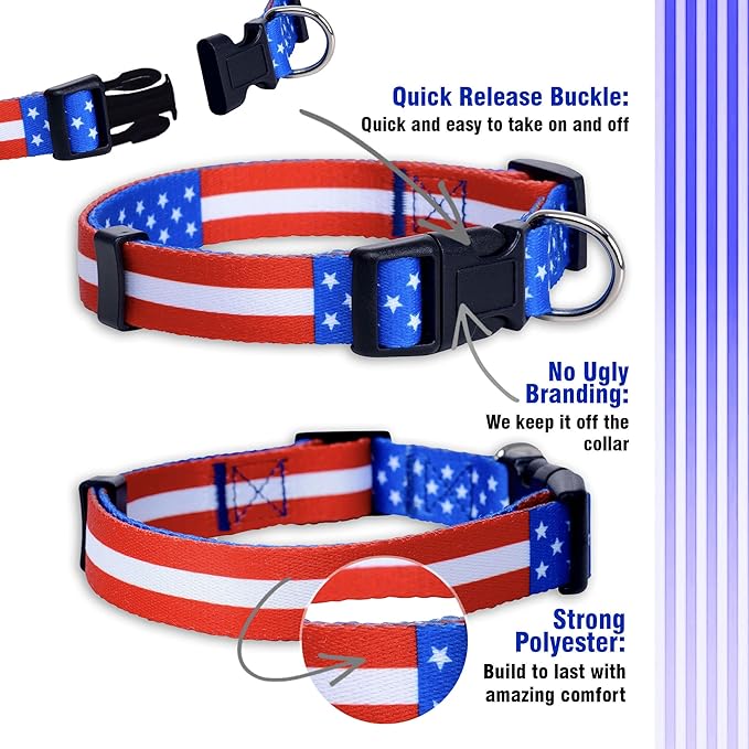 Native Pup American Flag Dog Collar- Red White and Blue- Patriotic Collars for 4th of July, USA- Adjustable Small, Medium, Large Breed Dogs (Medium, Flag I)