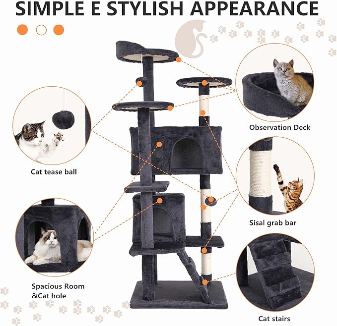 Cat Tree for Indoor Cats, Multi-Level Cat Tower with Scratching Posts & Cozy Condo, Space Saving Cat Activity Center, Durable Pet Play House (54in,Ashy)