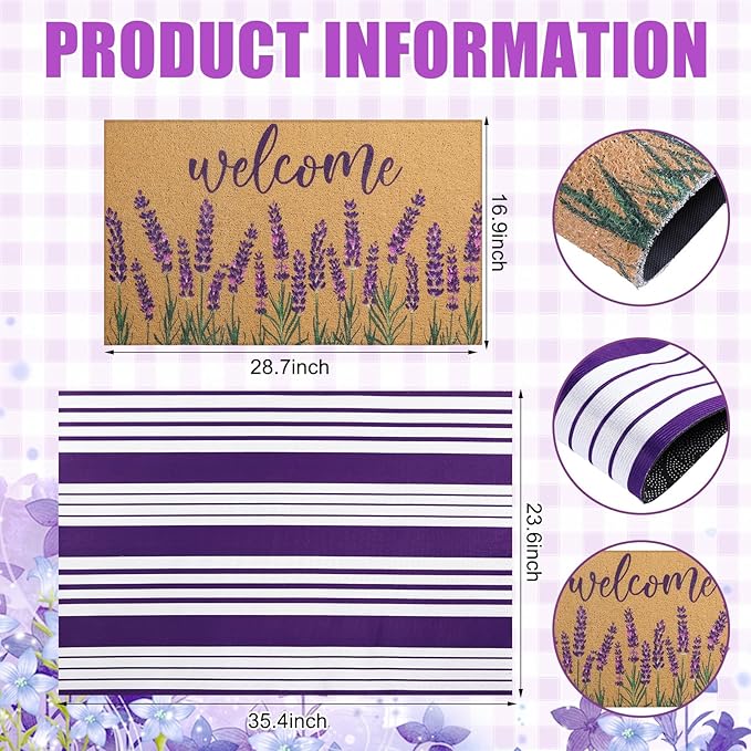 Tinideya 2 Pcs Lavender Door Mat Purple and White Stripe Welcome Non Slip Coir Mats Flower Floor Layering Doormats Seasonal for Front Porch Entryway Decor(Lavender)