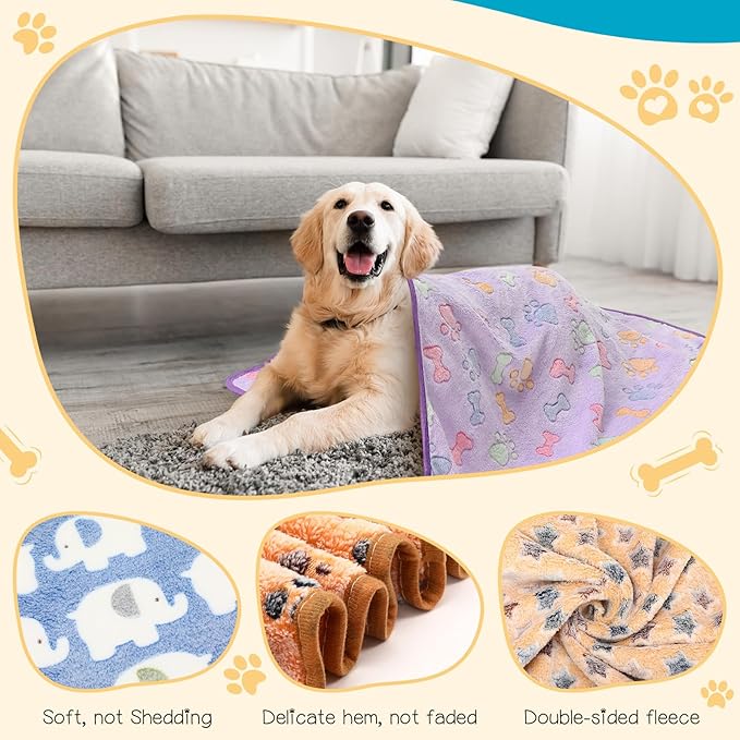 Tatuo 12 Pieces Puppy Blanket Warm Cat Dog Sleep Mat Pet Kitten Fleece Doggy Blankets with Cute Dog Paw Bone Star Elephant Patterns Printed Fluffy Blanket for Small Cat Puppy (41 x 30 Inch)