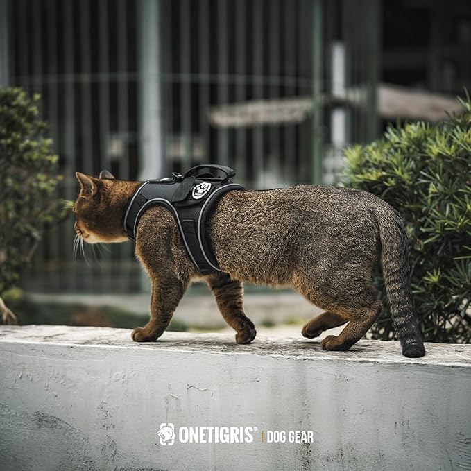 OneTigris Cat Harness and Leash - Escape Proof Soft Adjustable Kitten Harness, Breathable, Comfortable, Durable Water-Resistant Tactical Vest with Reflective Strips and Pocket for Cat Tracker