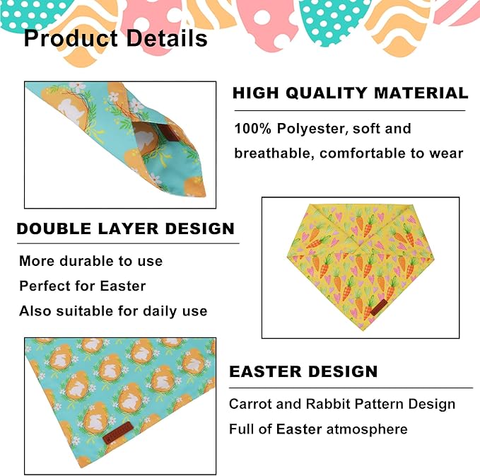 ADOGGYGO Easter Dog Bandana 2 Pack, Bunny Egg Carrot Print Pet Scarf Bib, Adjustable Fit Green Yellow Easter Bandanas for Medium Large Dogs (Large)