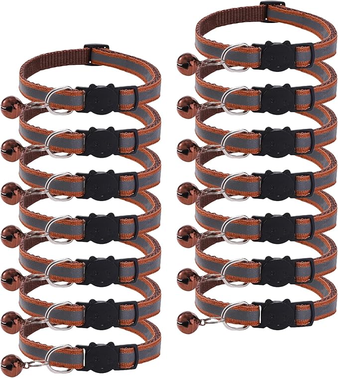 14 Pack Breakaway Cat Collar with Bell, Reflective Kitten Collar for Girl Boy Cats, Safety Buckle Adjustable 7.5-12.5 Inch, 0.4 Inch Width Lightweight, Pet Gifts (Brown)