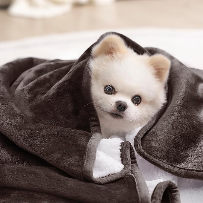 gogobunny Waterproof Bed Blanket, Reversible Sherpa Fleece Throw Blanket for Dog Puppy Cat, Furniture Cover Protects Bed Couch Sofa from Liquid Pee and Pet Fur (Dark Brown, 30x30 inches)