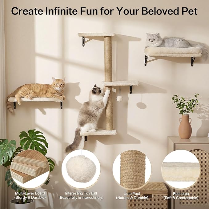 MEWANG 5-in-1 Cat Wall Shelves: Cat Climbing Furniture with Wall Mounted Perch & Lounge for Indoor Cats, Space-Saving Wall Pet Shelves for Play & Rest - Beige