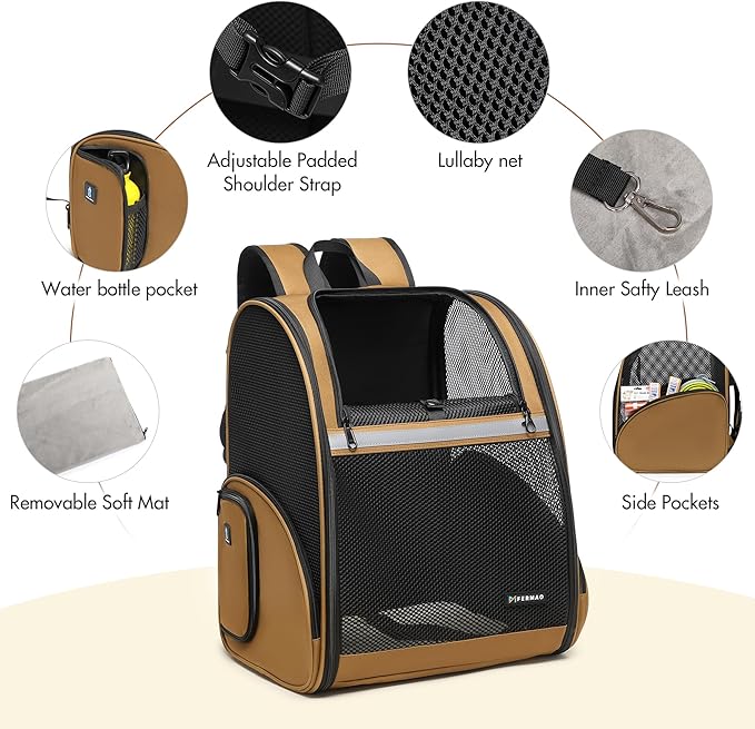 Pet Backpack Carrier, Large Cat Carrier Backpack Up to 20 Lbs with Breathable Mesh, for Medium Large Cats or Small Dogs, Travel Hiking Camping Backpack (Brown-XL)