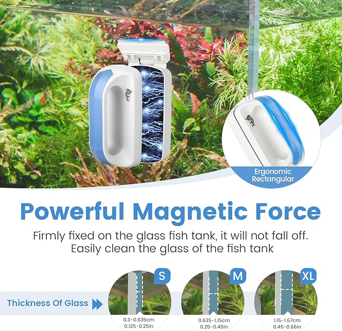AQQA Aquarium Magetic Glass Cleaner Brush with 2 Detachable Scrapers Floating Fish Tank Cleaning Tools Algae Scraper for 0.45-0.66 inch Thick Glass/Acrylic Tanks (X-Large)
