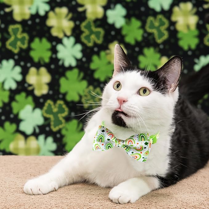 2 Pack St. Patrick's Day Cat Collars with Bow Tie and Charms, Adjustable Breakaway Shamrock and Clover Collars for Cats and Kittens, Holiday Festive Design for Boys and Girls
