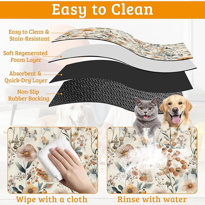 Vintage Flowers Dog Cat Food Mat,Herbs Absorbent Waterproof Placemat for Food and Water Non Slip Rubber Backing Durable Feeding Pad for Clean Floors 12" x 20"