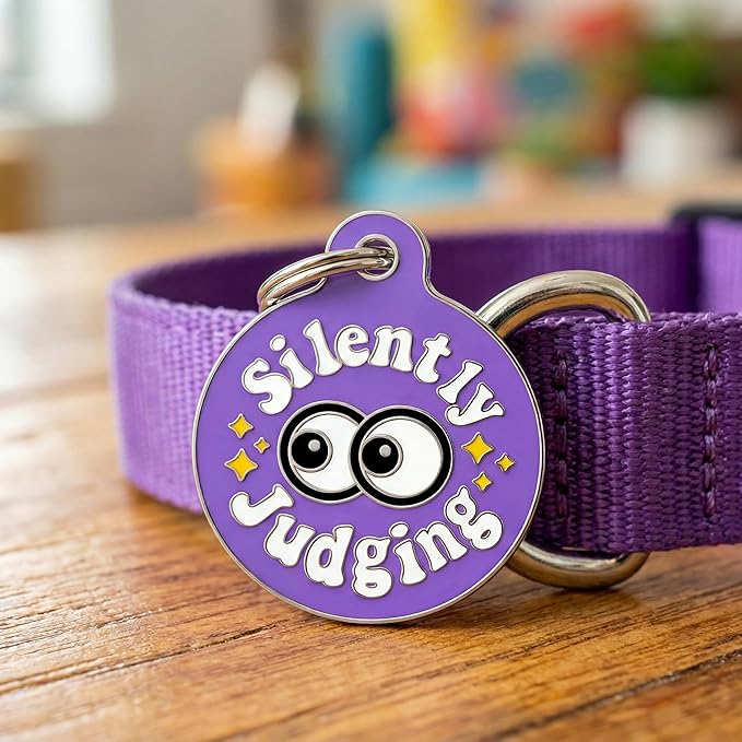 Bad Tags Personalized Dog and Cat ID Tags in 25+ Designs and 2 Sizes - 5 Lines of Custom Engraved Text - Funny Cute Personalized Pet Tags (Silently Judging - Purple, Small (1 inch))