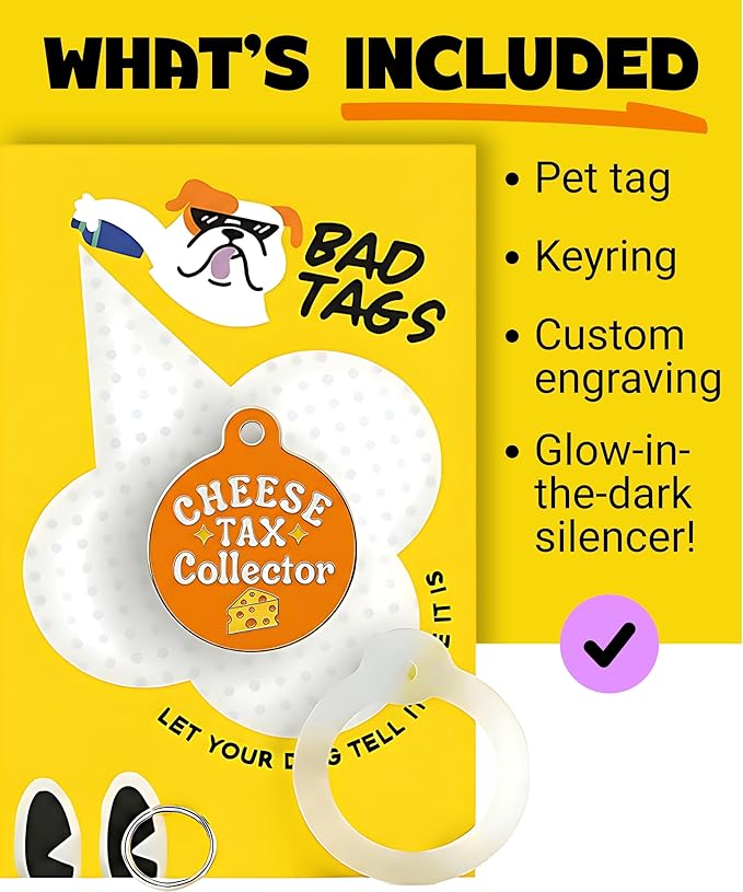 Bad Tags Personalized Dog and Cat ID Tags in 25+ Designs and 2 Sizes - 5 Lines of Custom Engraved Text - Funny Cute Personalized Pet Tags (Cheese Tax Collector, Large (1.25 inch))