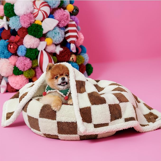 LE SURE Waterproof Puppy Blanket for Small Dogs - Washable Double Sided Dog Blankets with Warm Jacquard Shag and Soft Sherpa Fleece, Pet Cat Blanket for Couch Protection, 3D Textured Checks, Brown