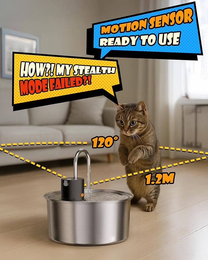 Wireless Cat Water Fountain Stainless Steel, Cordless Automatic Pet Water Dispenser for Cats Indoor, Small Dogs, 108oz/3.2L Rechargeable Pet Drinking Fountain with Motion Sensor