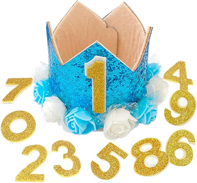 Pet Crown Hat Dog Birthday Reusable Birthday Party Crown for Boy Cat Doggie Headband Hats with 0-9 Figures Charms Pet Gift Grooming Accessories with Glue Dots Pack of 1(Blue)