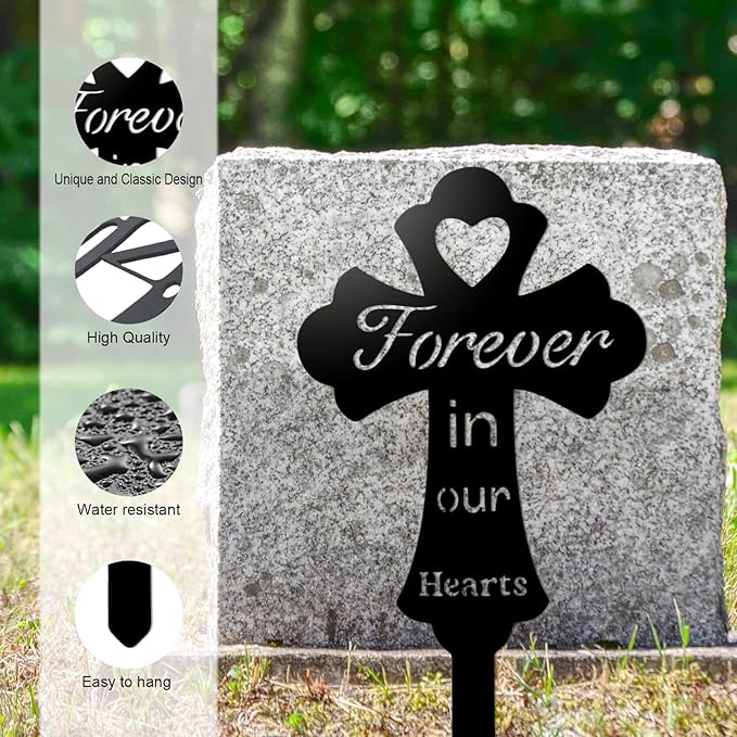 Grave Decorations for Cemetery: Forever in Our Hearts Metal Pet Grave Marker - Cross Sympathy Memorial Stake for Outdoor. Ideal Gifts to Honor The Memory of Departed Loved Ones(9.8 x 5.6'')