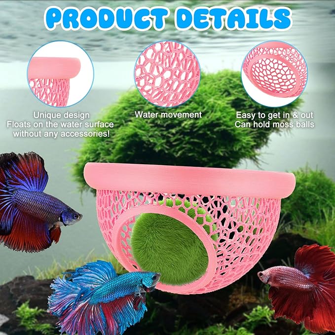 Pink Floating Betta Hide & Shrimp Cave – 3D Printed Aquarium Hammock, Feeding Ring & Resting Spot for Betta Fish, Shrimp & Small Fish (Eco-Safe PLA)