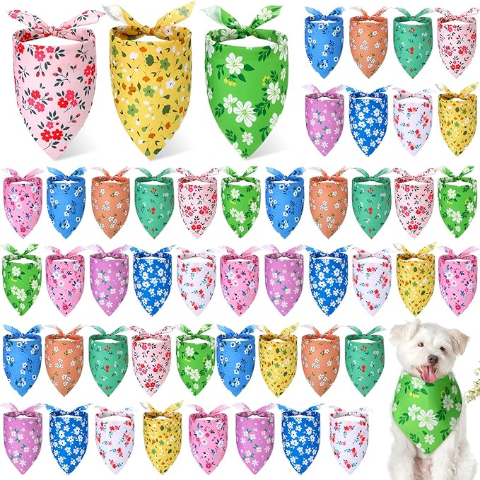 Weewooday 50 Pcs Spring Dog Bandanas Bulk for Dogs Soft Bibs Adjustable Triangle pet Bandana for Small Medium Large Costume(Floral Pattern, 31.5 x 21.7 x21.7 Inch)