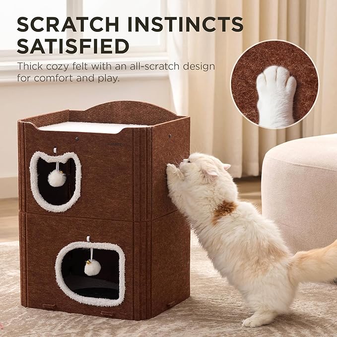 Joydeco Cat House for Indoor Cats, 2 Story Scratch Resistant Felt Cat Condo, Hideaway Pet Cave Bed with Fluffy Ball and Tunnel for Kitten, Small Dogs, Rabbits, 17.7 x 13.3 x 24, Coffee
