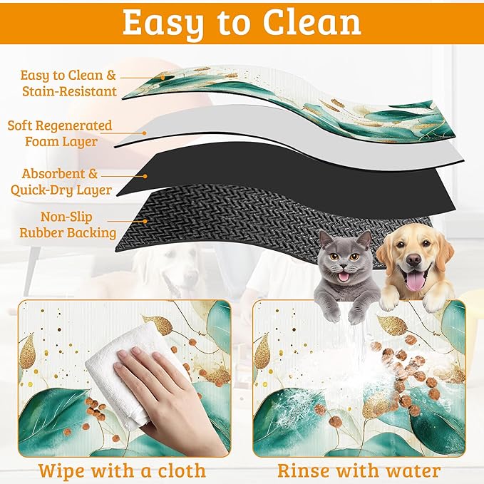 Green Plam Dog Cat Food Mat,Tropical Leaves Absorbent Waterproof Placemat for Food and Water Non Slip Rubber Backing Durable Feeding Pad for Clean Floors 12" x 20"
