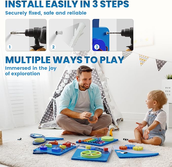BlueWood Wooden Wall Busy Board Panels, Toddler Learning Activity Center, Montessori Philosophy Sensory, Educational Toys, Conducive to All-Round Development - Whale
