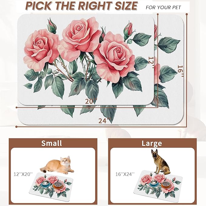 Pink Rose Pet Feeding Mat,Vintage Absorbent Quick-Dry Cat Dog Food and Water Bowl Mats,Non-Slip Rubber Backing Mat,Cat Dog Accessories Supplies 16"x24"