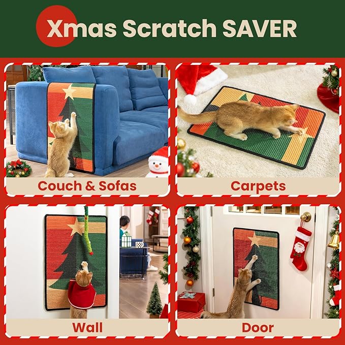 Cat Scratcher Mat,Sisal Cat Scratch Pad,Horizontal Floor Cat Scratching Pads Rug for Indoor Cats,Protector for Wall&Carpets&Sofas,Kitty Xmas-Gift, Includes Cat Toy (M, Christmas)
