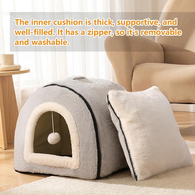 Cat Bed for Indoor Cats，Foldable cat cave，Anti-Slip & Water-Resistant Bottom，cat Houses for Indoor Cats or Small Dogs, Kitten Tent, Rabbit Bed，2 in 1 pet Bed (Grey)