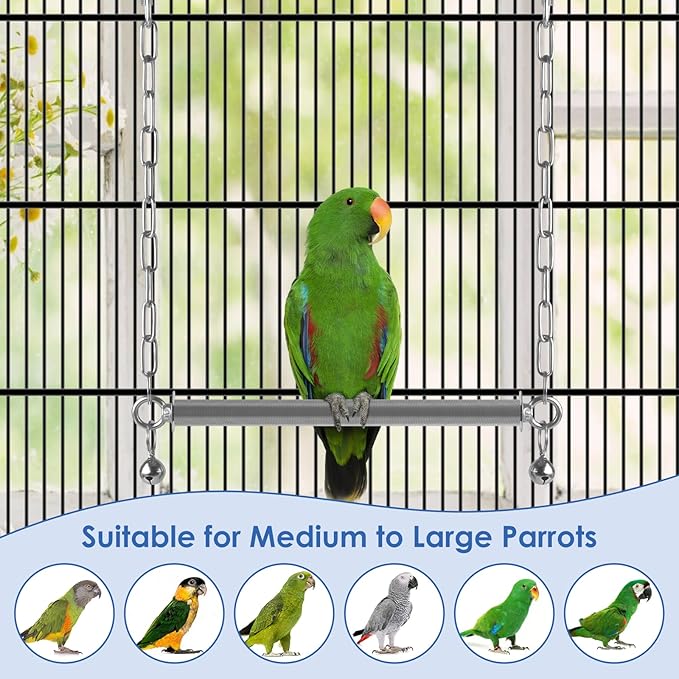 Stainless Steel Large Bird Swing, Hanging Heavy Duty Parrot Swings Perches Stand Toys with Bell, Claw Grinding Birdcage Accessories for Macaw Afican Grey Amazon Cockatoo
