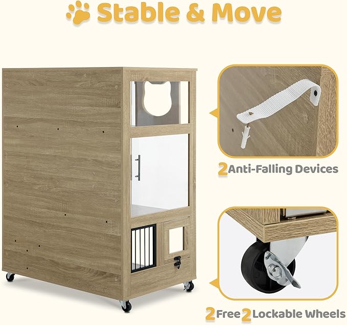 Lovupet Wooden Cat House with Scratching Posts, Luxury Large Cat Condo with Lockable Wheels, Indoor Kitten Cage with Escape Door, GC11