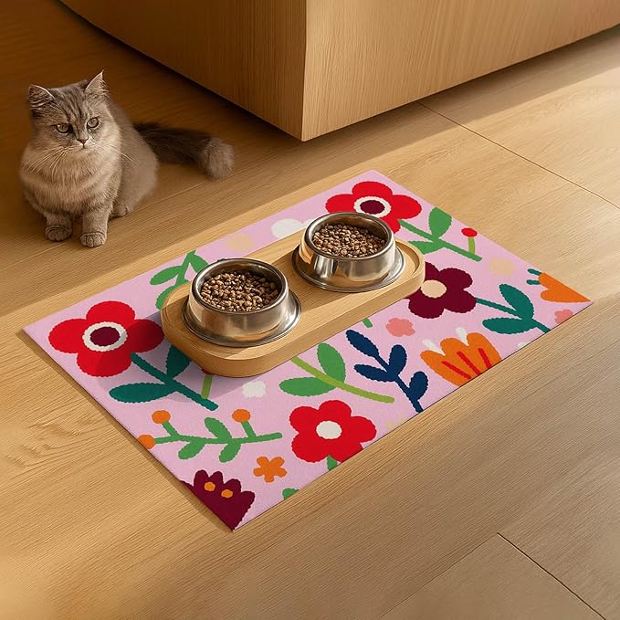 Pet Feedings Mats 20x12 inch Floral Print Pet Bowl Placemat Non Slip Mat for Cat and Dog Food and Water Indoor Pet Feeding Station Colorful Meal Mat for Small Pets Kitchen Floor Use
