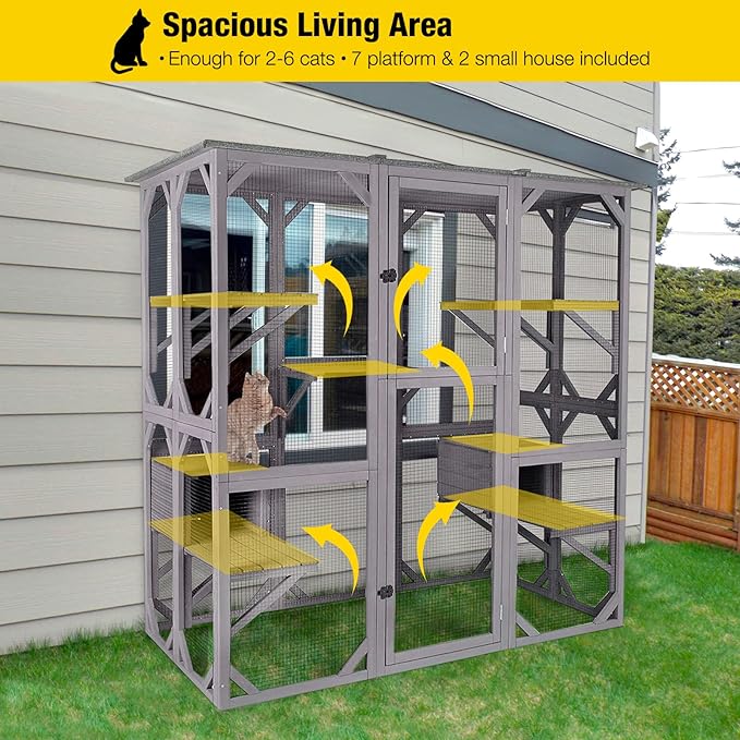Aivituvin Catio Outdoor Cat Enclosure with 7 Platforms, 2 Resting Boxes, Large Window Cat House for 6-8 Mulitiple Cats Walk in Kitty Cage with Weatherproof Tarp Roof 71"