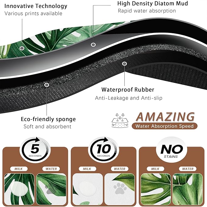 Palm Leaf Pet Feeding Mat,Boho Absorbent Quick-Dry Cat Dog Food and Water Bowl Mats,Non-Slip Rubber Backing Mat,Cat Dog Accessories Supplies 12"x20"