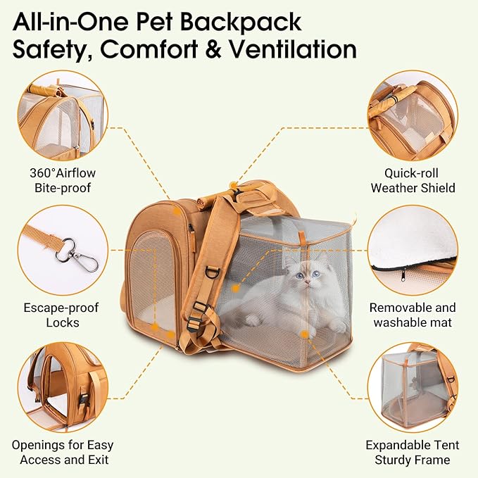 Expandable Carrier Backpack for Big Cats Small Dogs, Airline Approved Pet Carrier Backpack,Foldable Breathable Travel Backpack, Portable Pet Carrier Backpack with Safety Leash, Holds Up to 18 Lbs