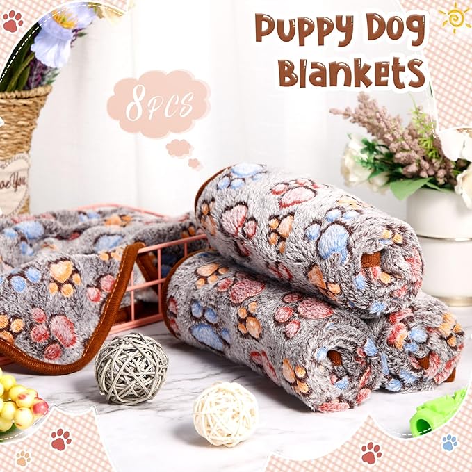 Tegeme 8 Pcs Fleece Dog Blankets for Small Dogs Cat Soft Coral Velvet Warm Sleep Mat Fluffy Dog Paw Print Blanket for Kitten Doggy Small Animal(24 x 16 Inch,Dark Gray)