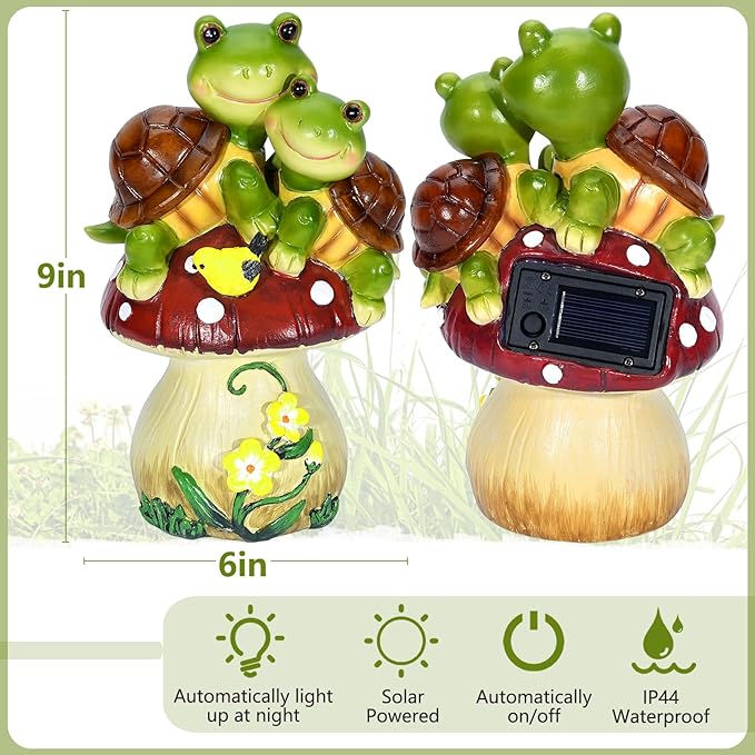 Solar Light Turtle Garden Statue, Turtle on Mushroom Figurine, Lovely Tortoise Garden Statue with 5 LED Lights for Patio, Balcony, Yard, Housewarming, Outdoor Lawn Ornament, Valentines Day Decorations