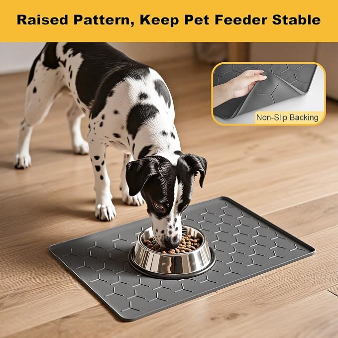 Pieviev 24''x16'' Dog Cat Food Bowl Mat, Silicone Waterproof Food Grade Pet Food Mat for Floor, High Raised Edge to Prevent Spills, Non-Slip & Easy Clean Pet Placemat for Dog & Cat Bowls, Dark Gray