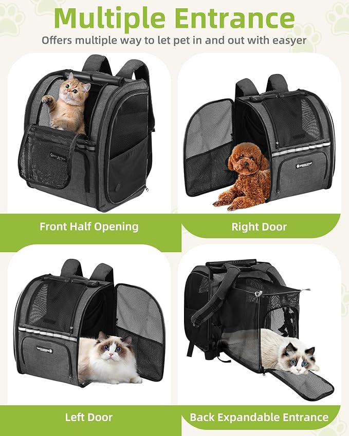 Expandable Cat Carrier Backpacks with Breathable Mesh, Pet Carrier Backpack for Cats Small Dogs Puppies Up to 20 Lbs, Dog Carrier Backpack Great for Travel/Hiking/Camping/Outdoor-Grey with Green