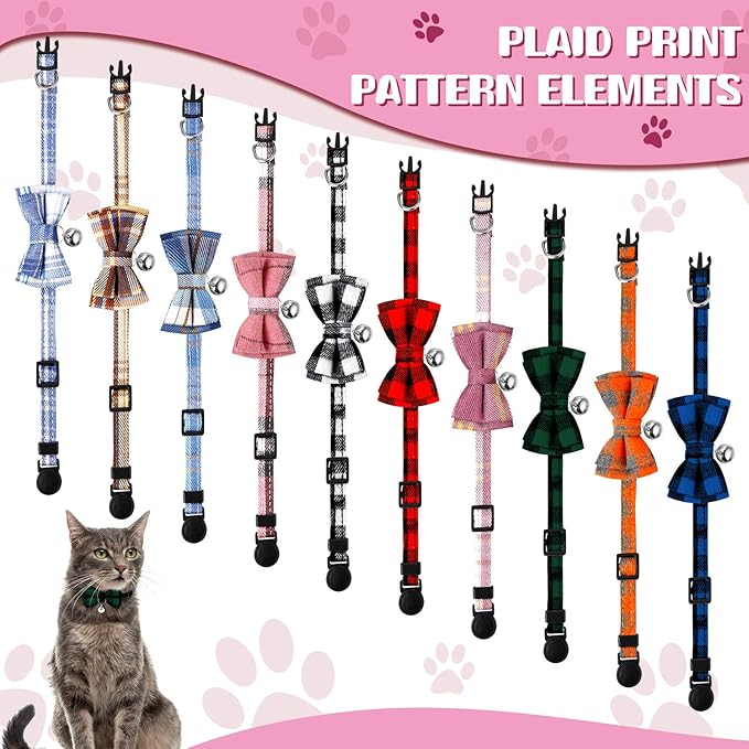 Weewooday 10 Pcs Breakaway Cat Collar with Bow Tie and Bell, Kitten Collar for Cat, Adjustable Cute Plaid Safety Kitty Collars for Birthday Pet Christmas Party Supplies, 10 Styles