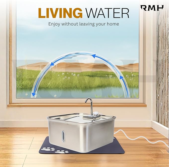 RMH 7L Stainless Steel Dog & Cat Water Fountain with Large Waterproof Mat – Automatic Pet Drinking Fountain for Large Dogs & Multi-Pet Homes, Quiet Pump, 3-Stage Filtration, LED Water Window